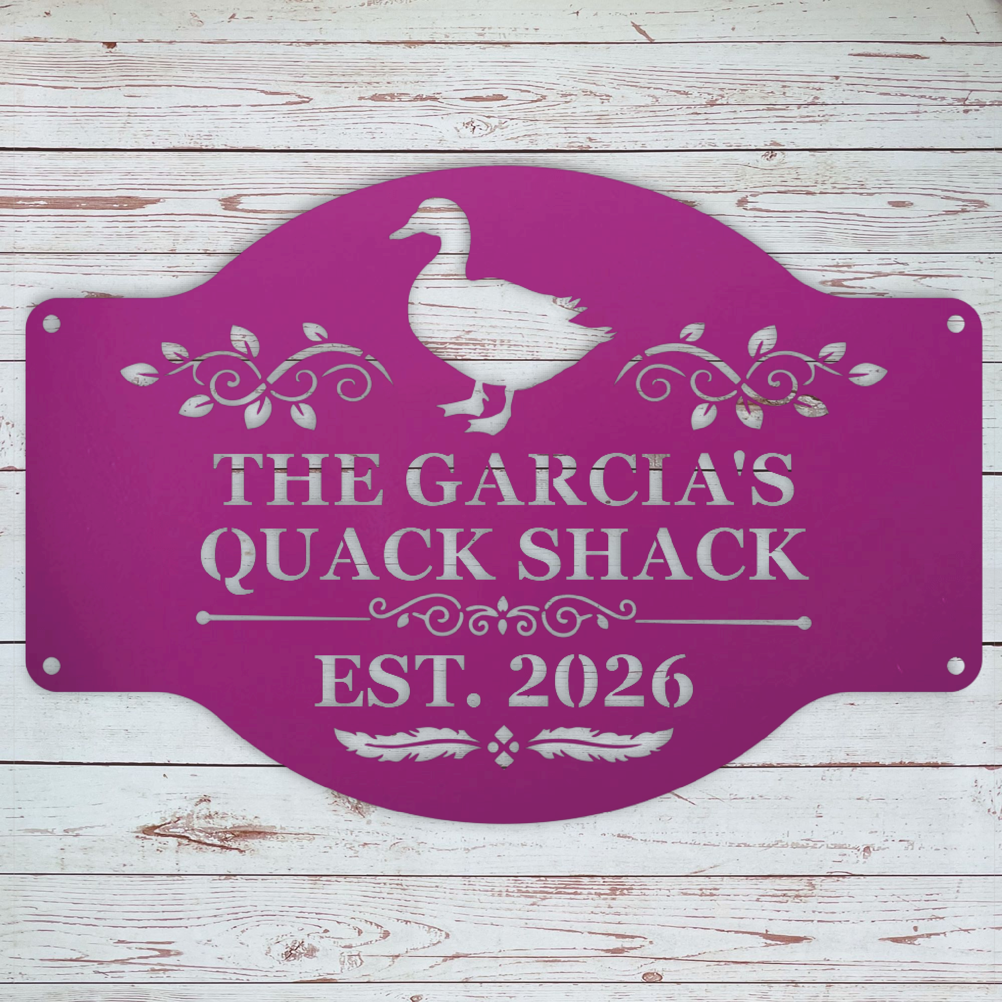 Metal duck coop sign purple shown on outdoor coop wall