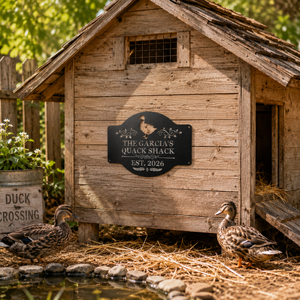 Personalized black metal duck coop sign mounted on a rustic wooden duck house with ducks, straw, and a backyard pond.