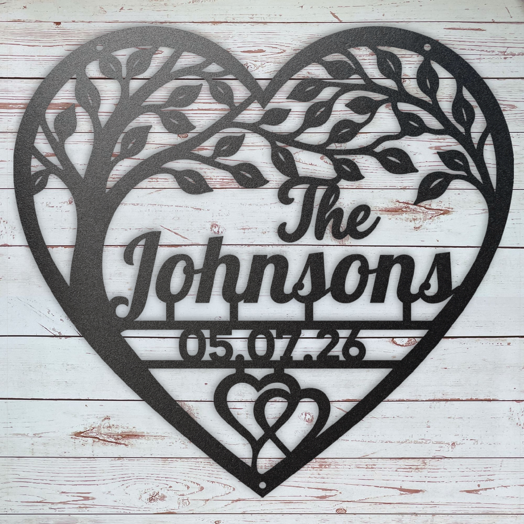 Personalized family name heart sign with custom last name and special date