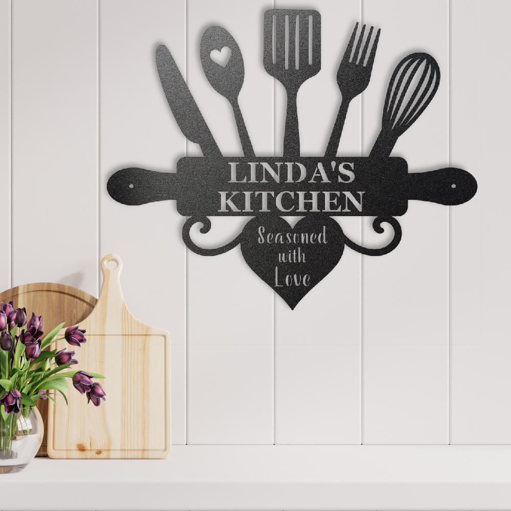 Personalized kitchen sign for Mom with custom metal cooking utensil design