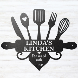 Personalized kitchen sign with custom name and Seasoned with Love design