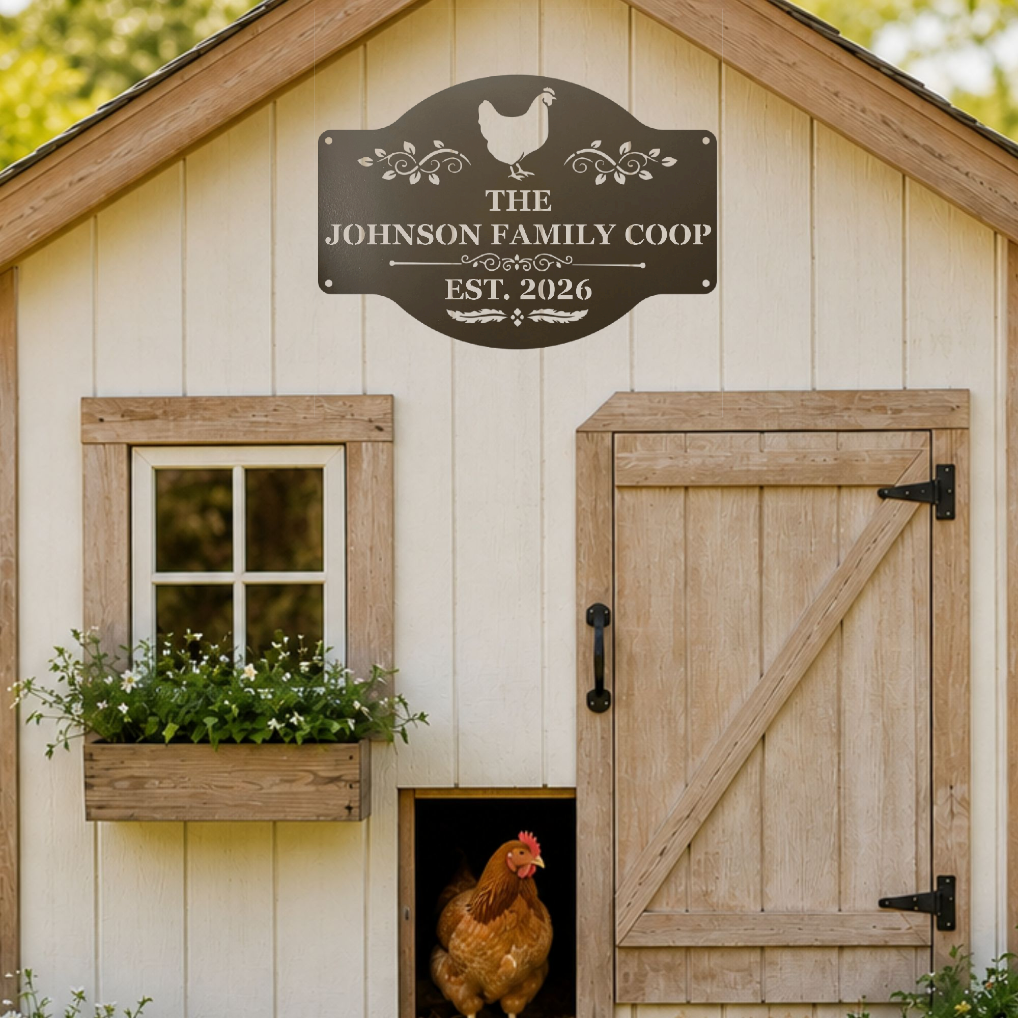 Custom metal farmhouse sign for chicken coop doors and barn-style decor