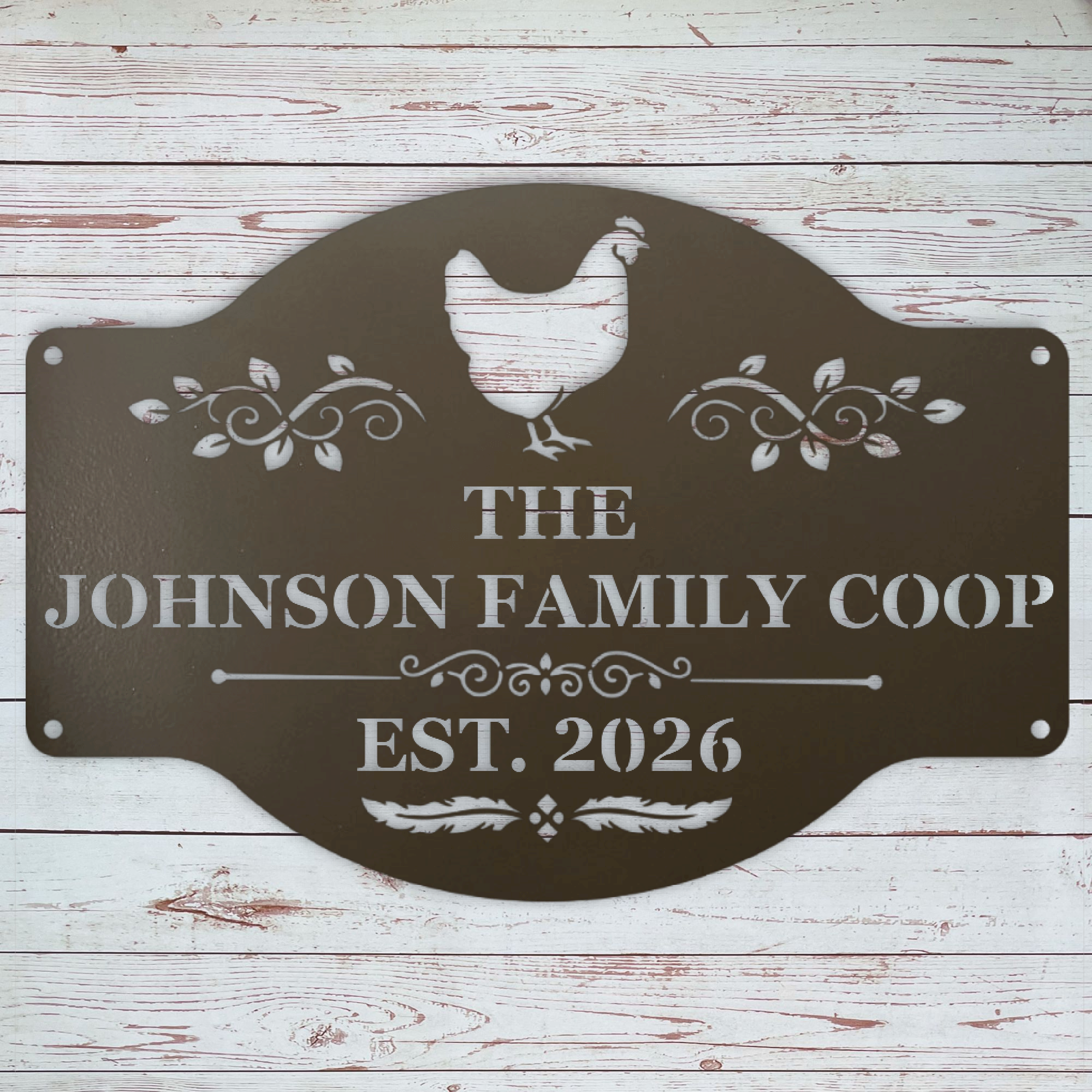 Outdoor farmhouse chicken coop sign personalized for a named flock house