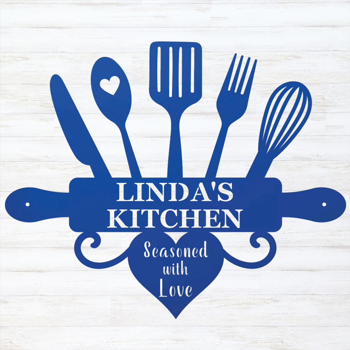 A blue kitchen-themed graphic with utensil silhouettes around a rolling pin and heart shape, with the text 'LINDA'S KITCHEN' and 'Seasoned with Love' on a white wood-plank background.