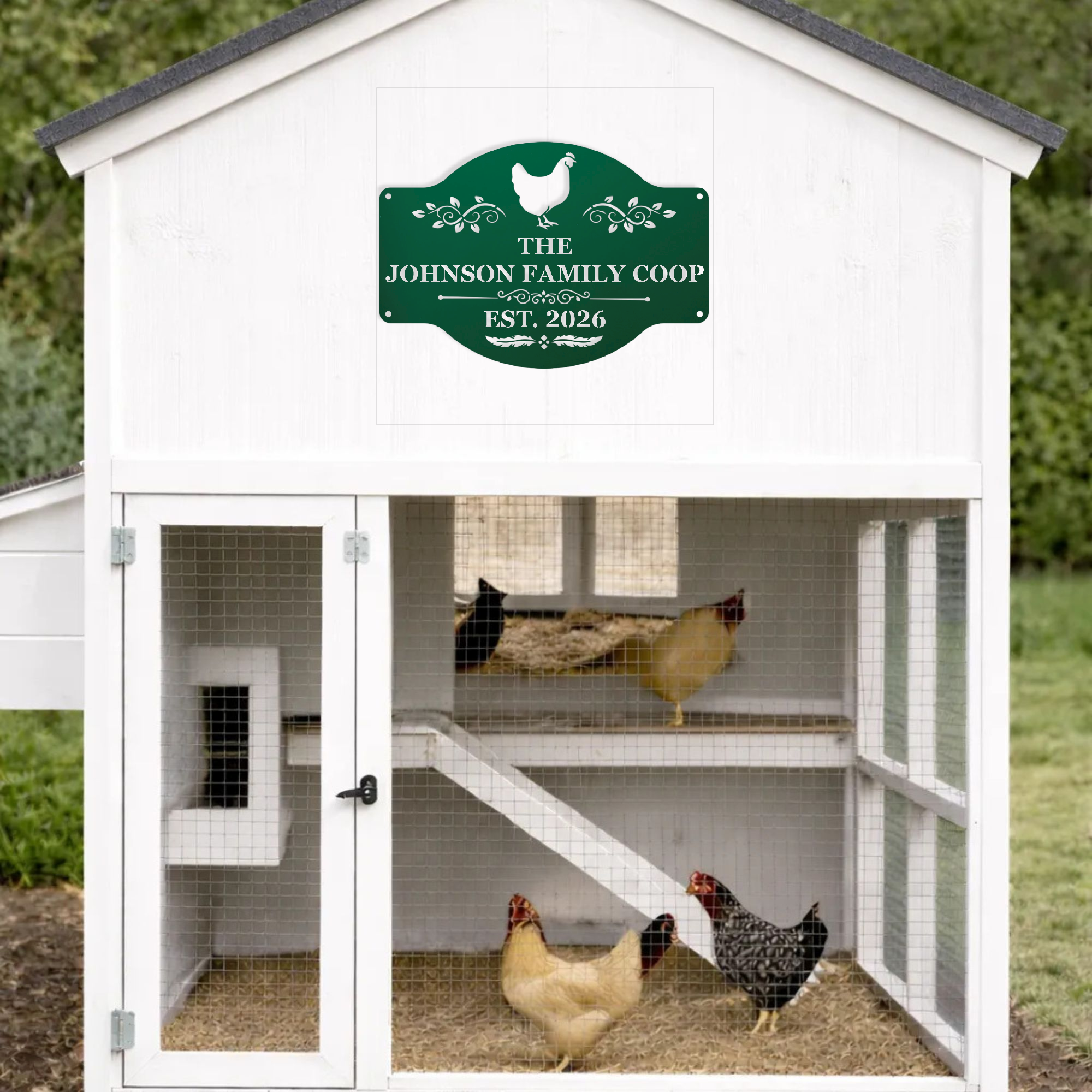 Custom chicken coop wall art sign with rustic farmhouse charm and personalized name