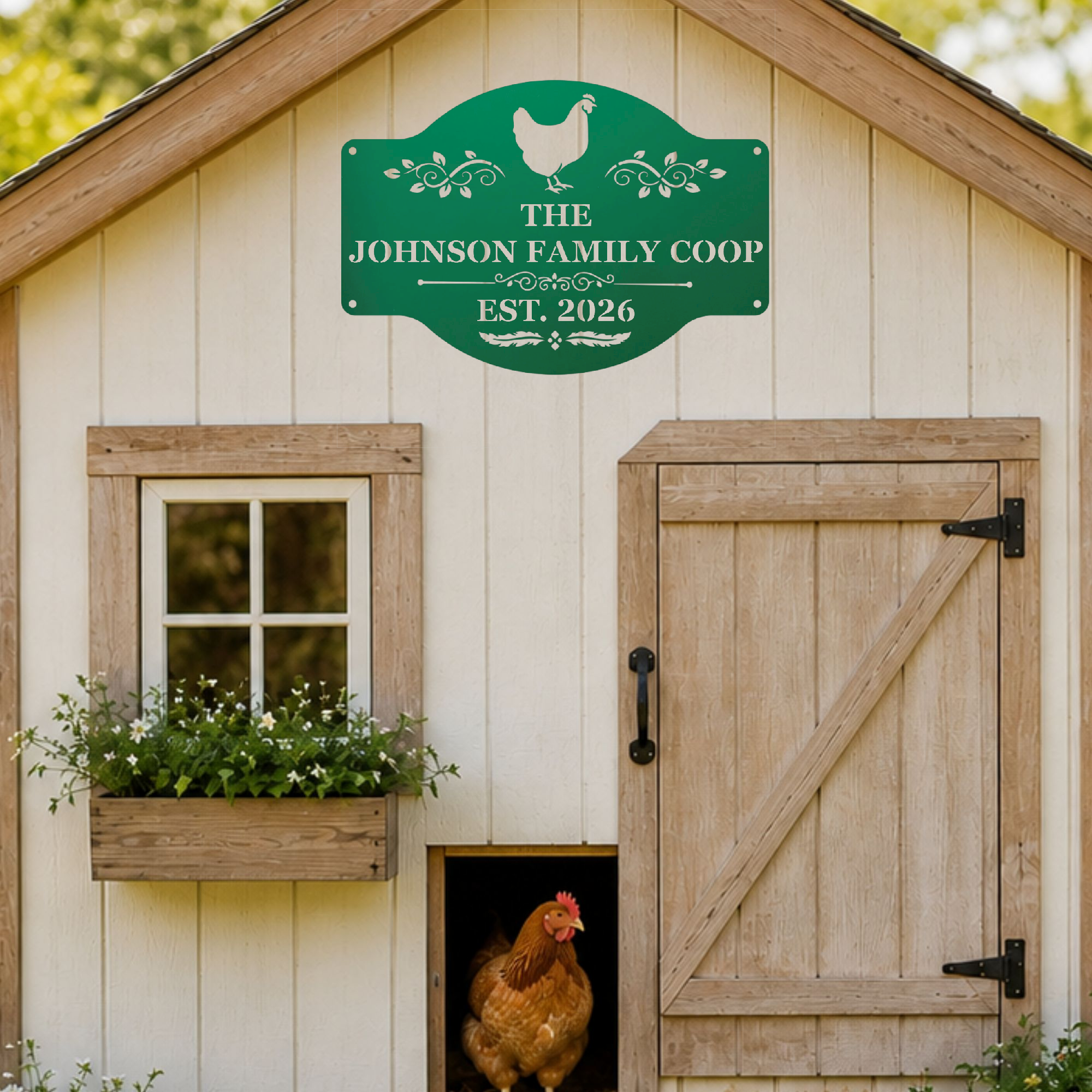 Personalized chicken coop sign made in the USA for outdoor farmhouse decor