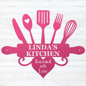 A pink kitchen-themed graphic with utensil silhouettes and a rolling pin, featuring the text 'LINDA'S KITCHEN' and 'Seasoned with Love' on a white wood-plank background.