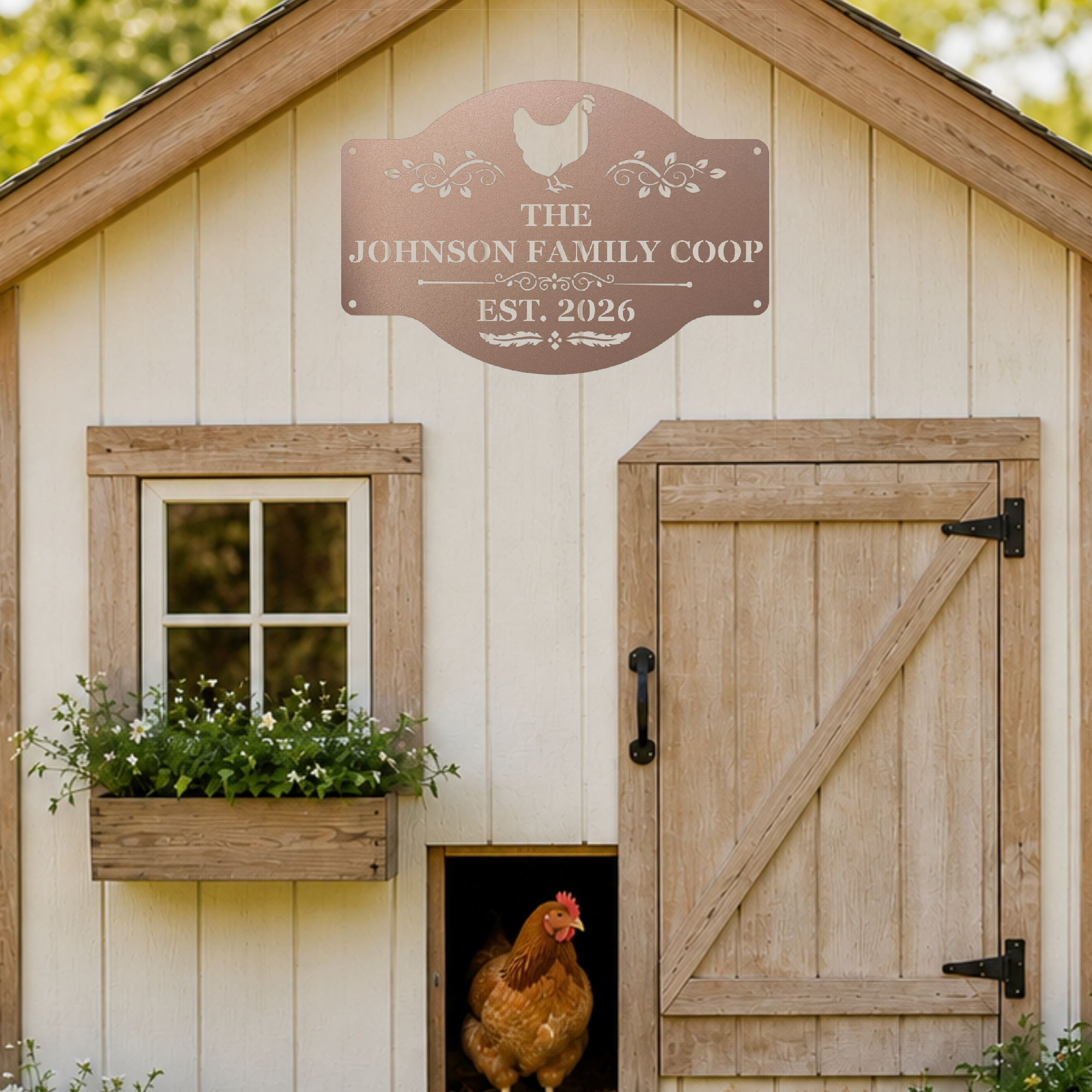 Personalized backyard hen house sign made for chicken lovers and farmhouse homes