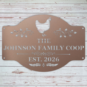Farmhouse chicken coop sign personalized with custom wording for outdoor use