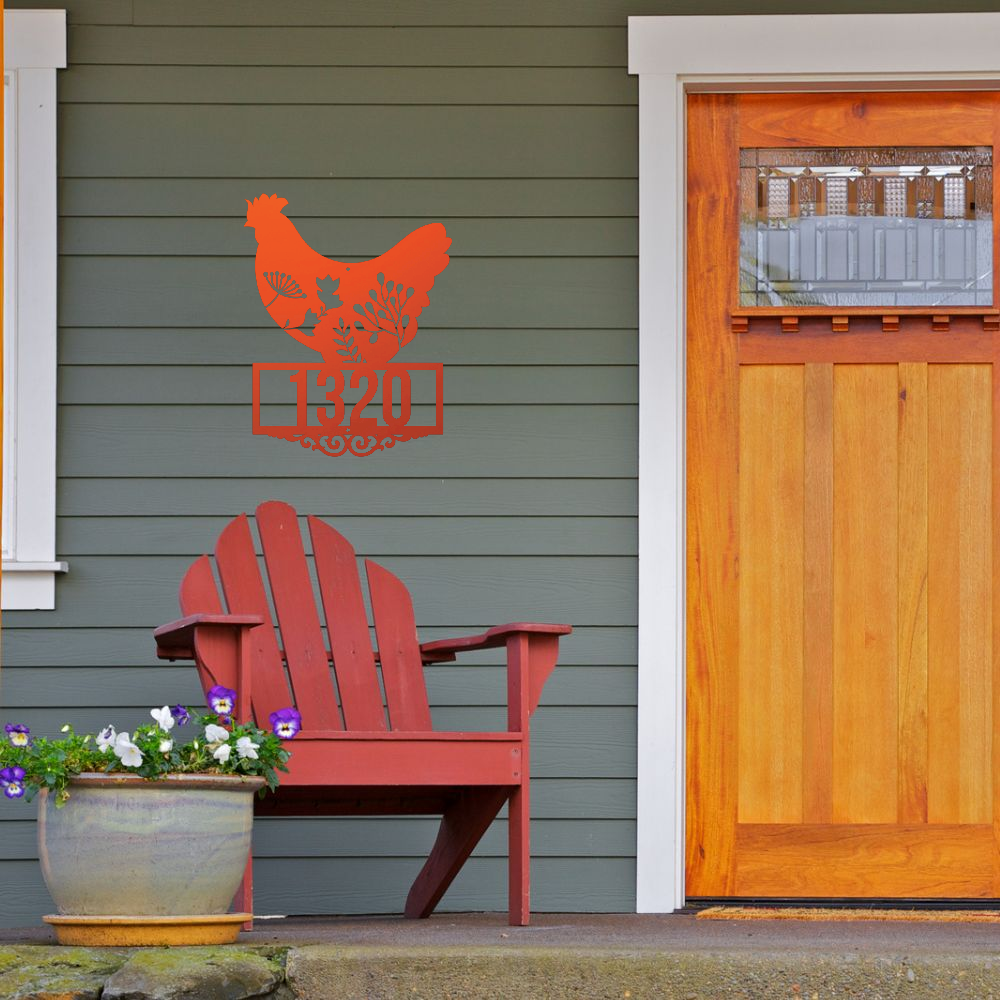 custom chicken farmhouse house number sign orange by front door
