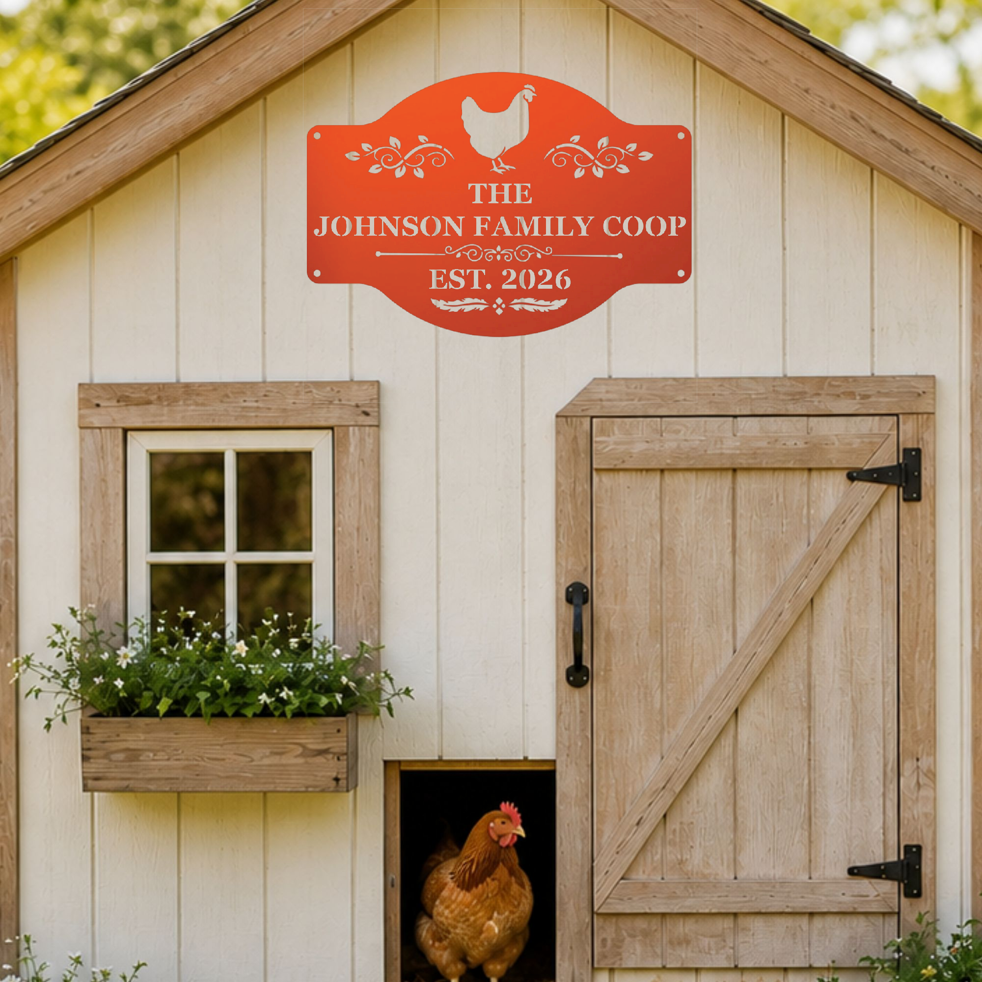 Custom chicken lover gift featuring a personalized metal chicken coop sign