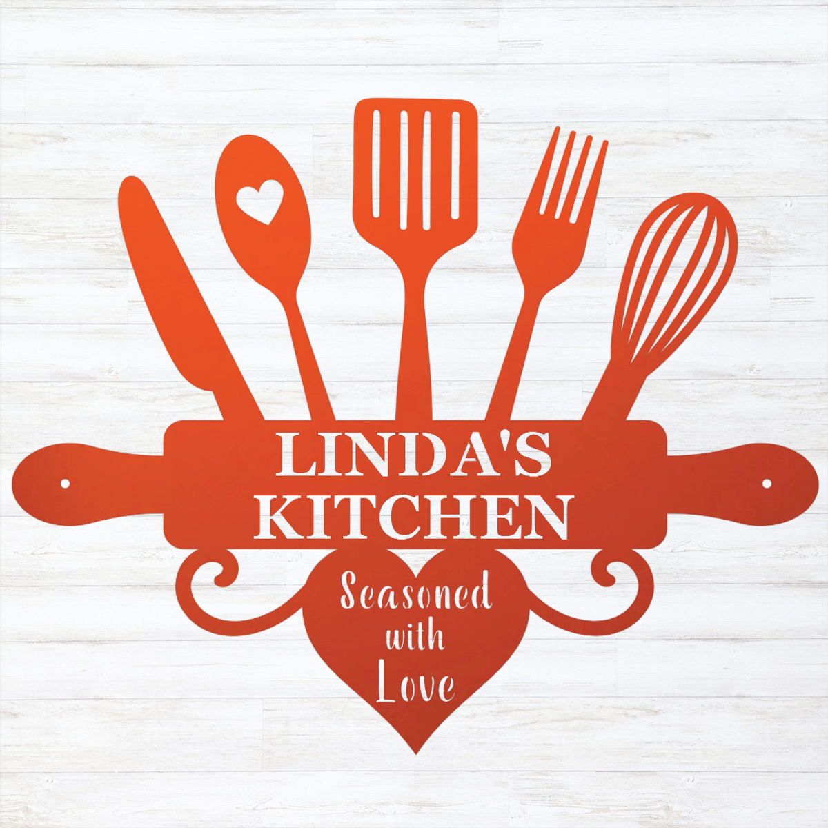 A decorative kitchen-themed graphic with orange utensil silhouettes around a rolling pin and heart shape. The text reads 'LINDA'S KITCHEN' and 'Seasoned with Love' on a white wood-plank background.