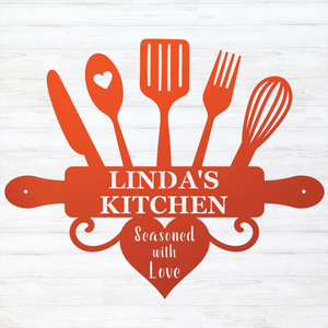 A decorative kitchen-themed graphic with orange utensil silhouettes around a rolling pin and heart shape. The text reads 'LINDA'S KITCHEN' and 'Seasoned with Love' on a white wood-plank background.