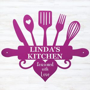 A purple kitchen-themed graphic with utensil silhouettes and the text 'LINDA'S KITCHEN' and 'Seasoned with Love' on a white wood background.