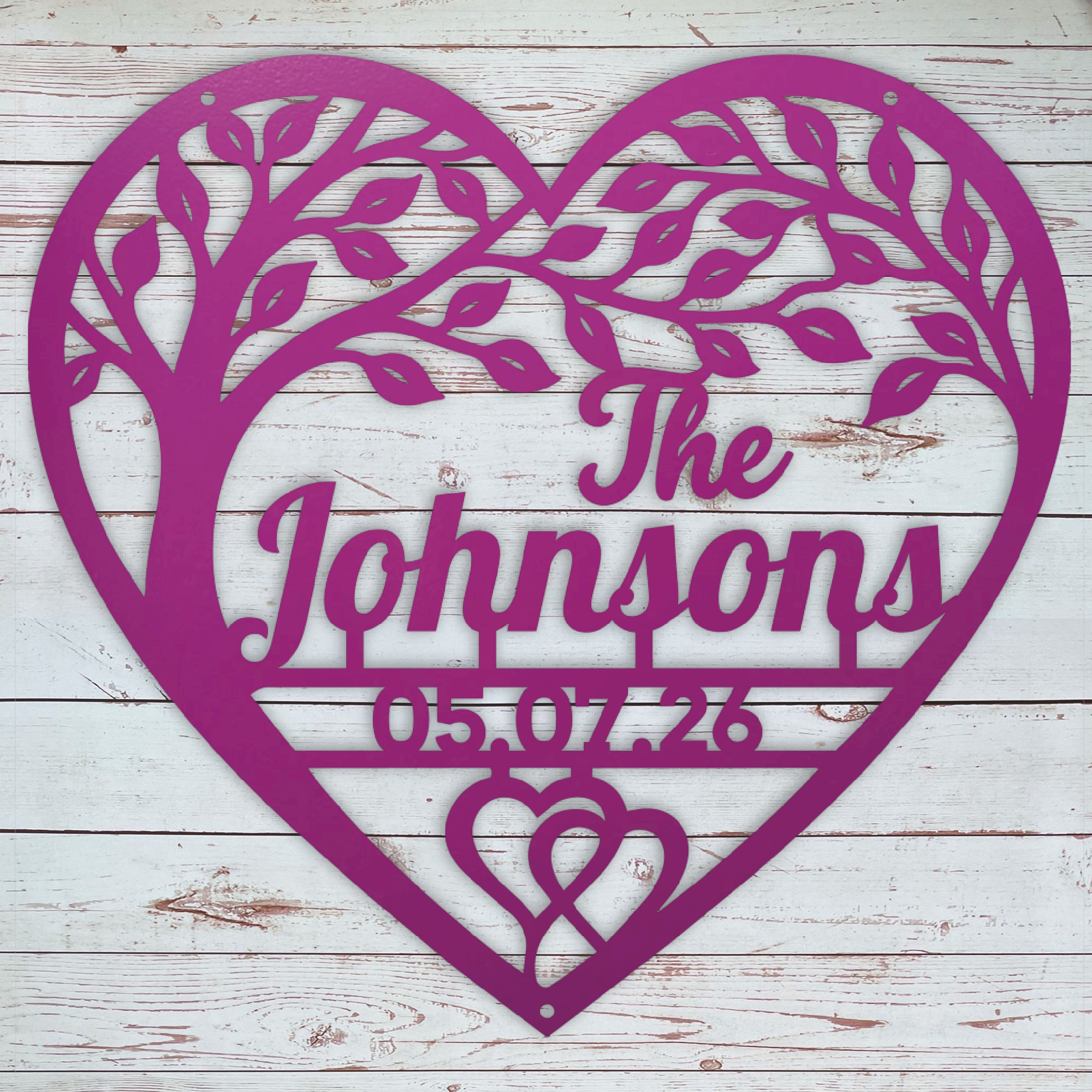 Purple Personalized family wall decor with heart-shaped tree and custom family name