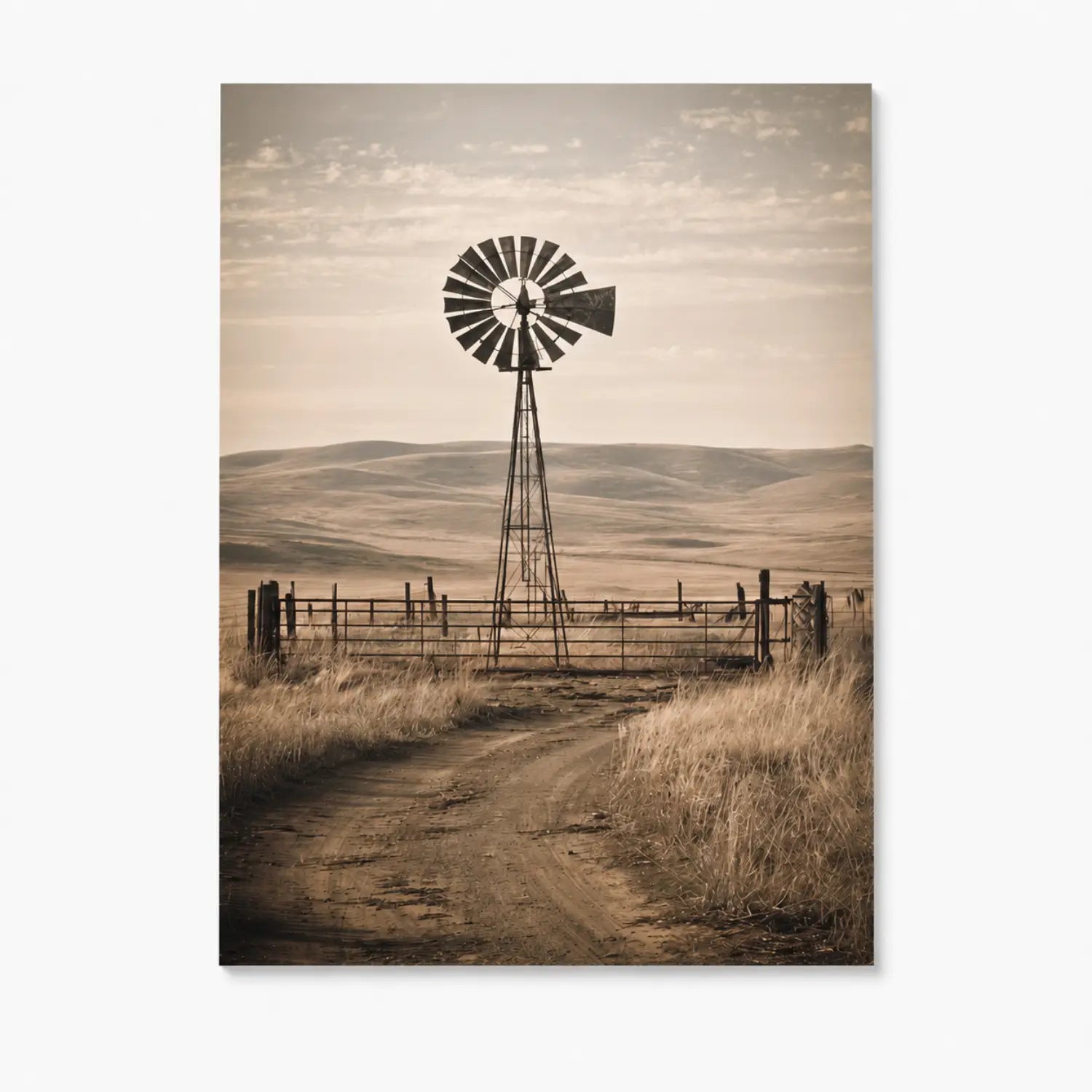 rustic windmill wall art in sepia farmhouse style