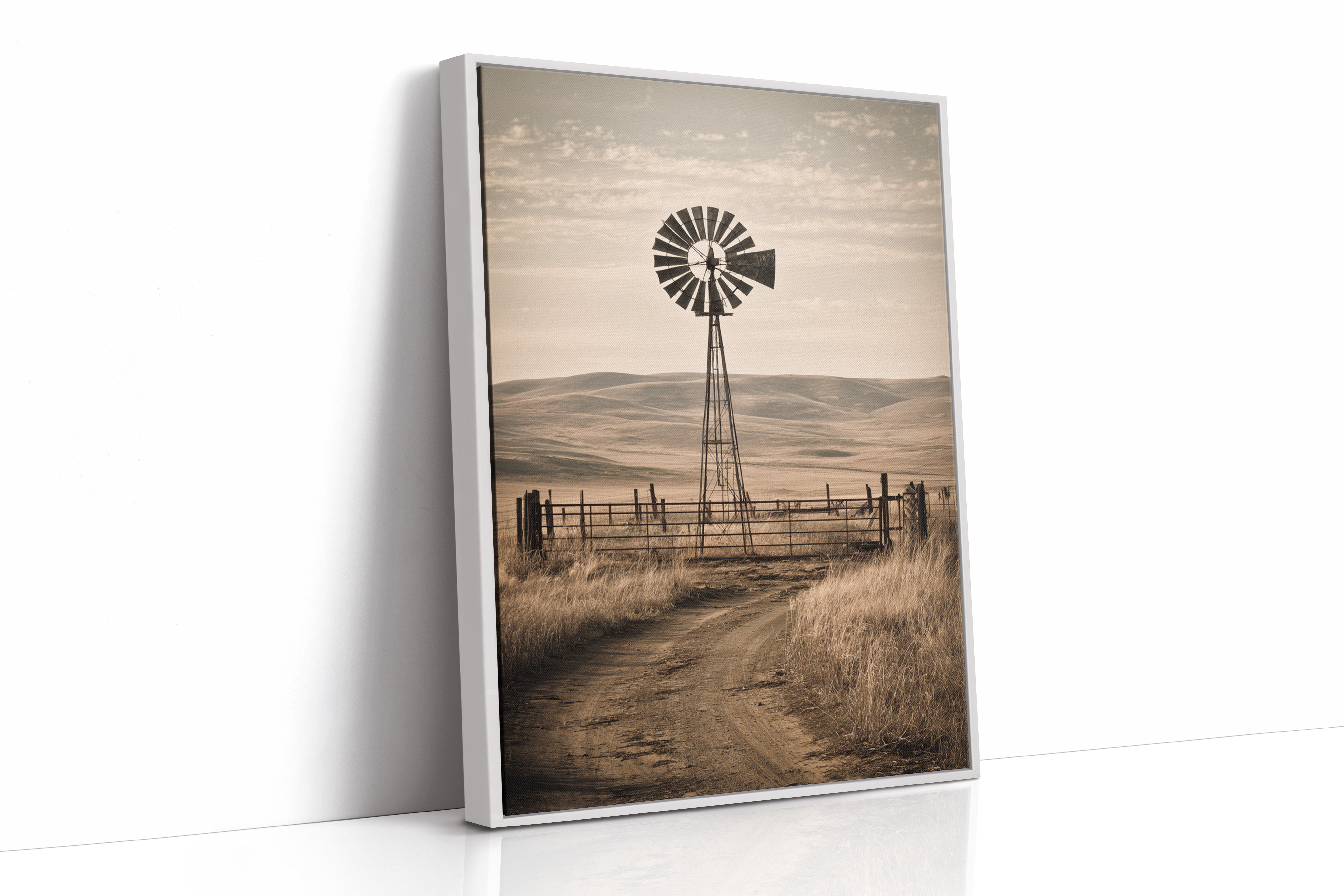 farmhouse canvas wall art with country windmill scene in white wooden frame