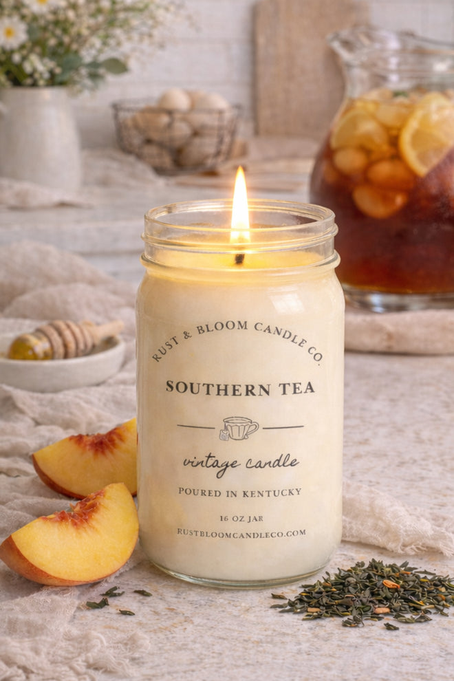 Southern Tea 16oz hand-poured soy candle with a rustic label from Farmhouse World.