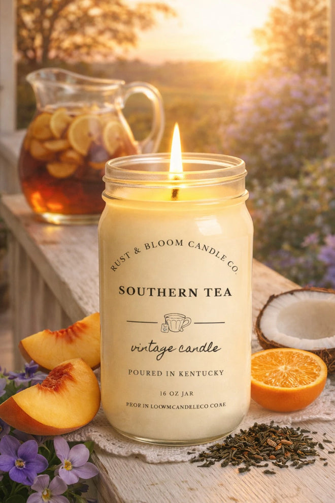 Top-down view of a clean-burning natural soy wax candle with a lead-free cotton wick.