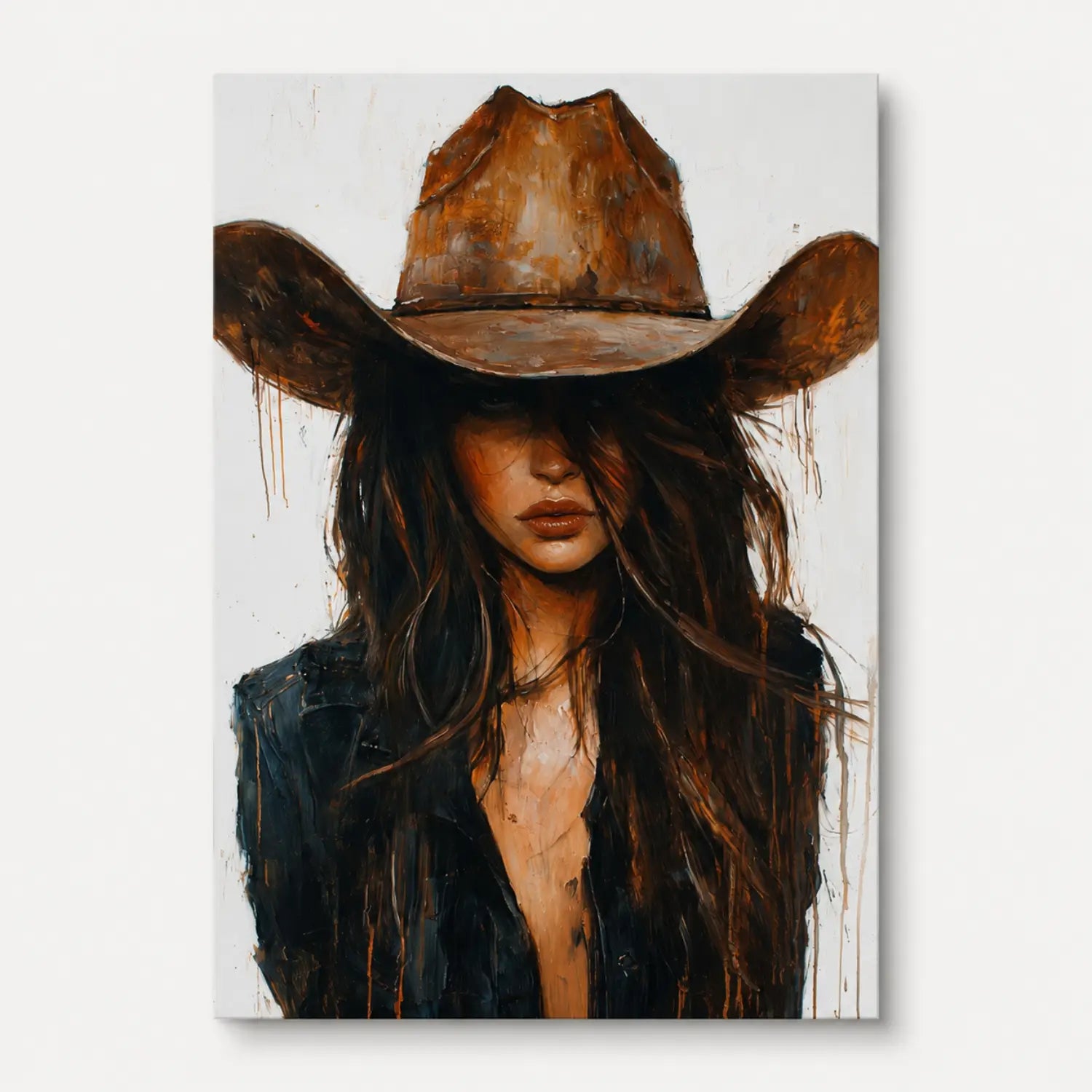 southwestern cowgirl portrait wall art with dark haired western woman