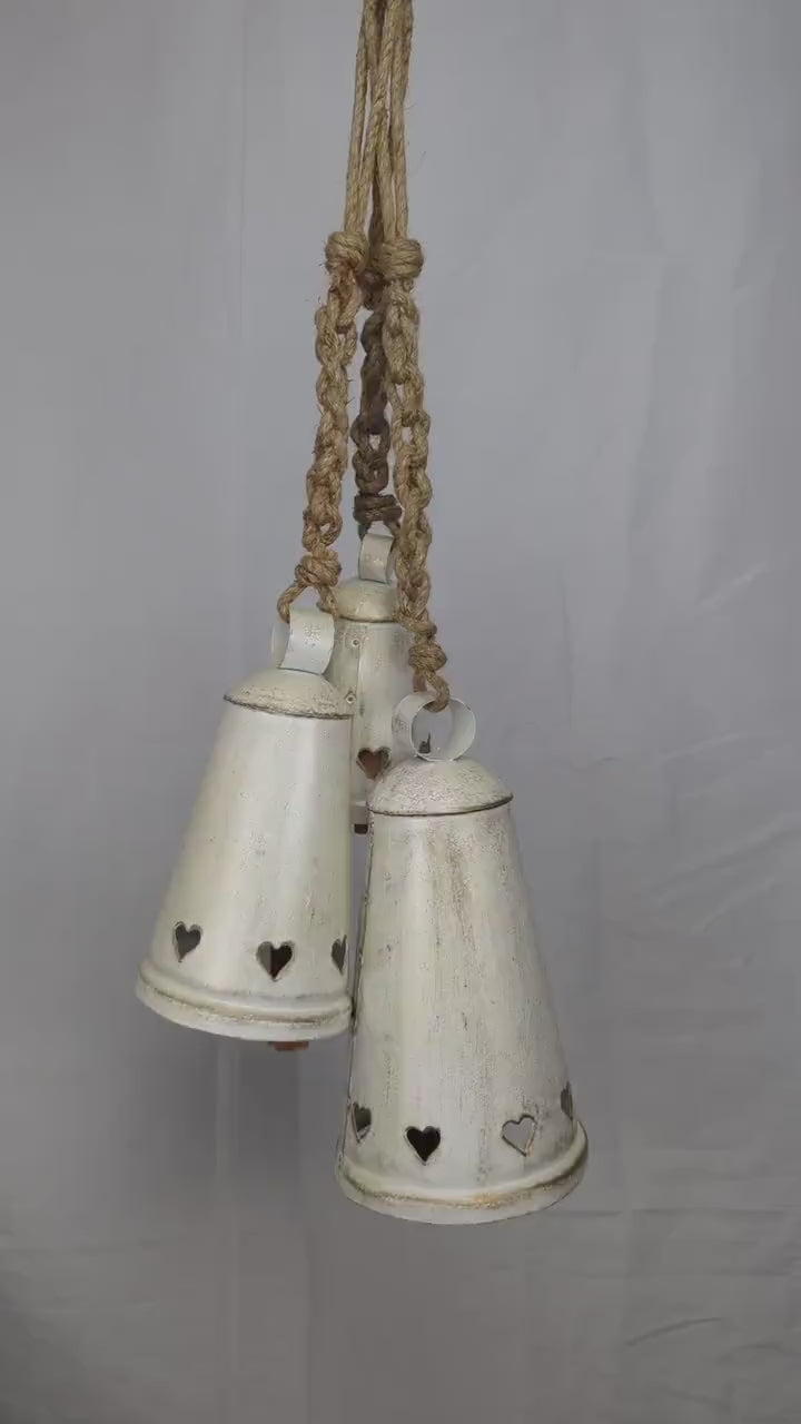 Rustic Elegant Wedding Bells: Set of 3 Gold Hand-Patina White Metal Hanging Bells w/ Cut Out Hearts & Rope Hangers