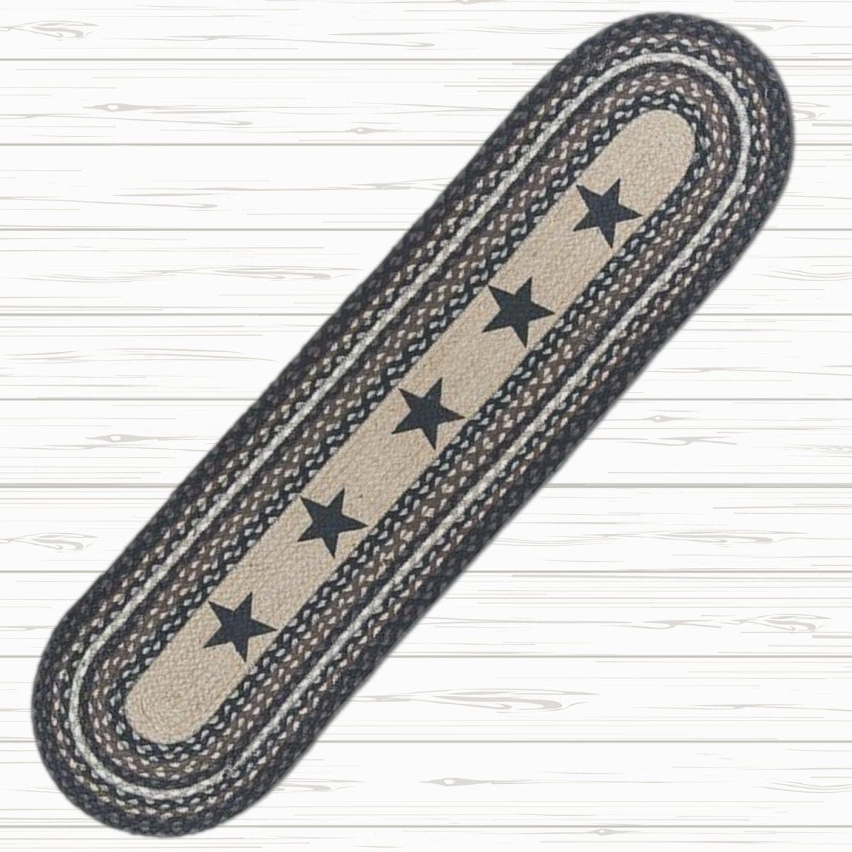 Black Stars Braided Oval Table Runner - 100% Natural Jute and Hand Stenciled | Farmhouse World