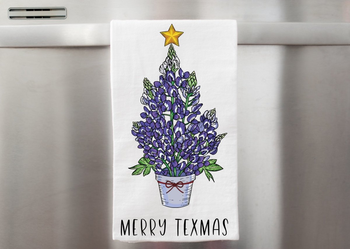 Bluebonnet Christmas Tree Merry Texmas Kitchen Tea Towel | Farmhouse World