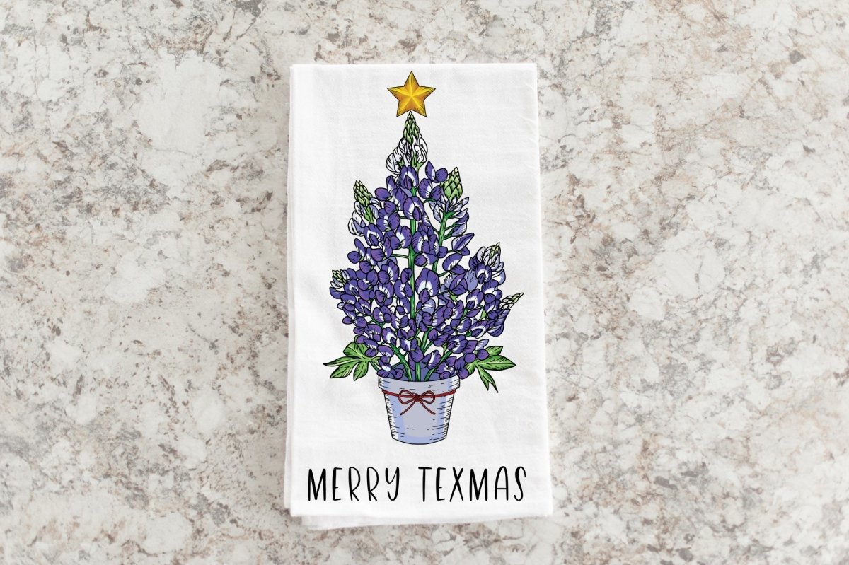 Bluebonnet Christmas Tree Merry Texmas Kitchen Tea Towel | Farmhouse World