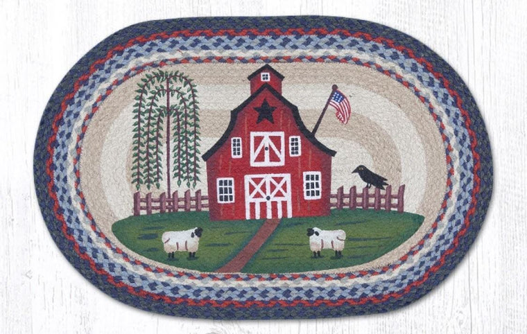 Country Barn & Flag Patriotic Kitchen Rug - Handwoven with 100% Natural Jute and Hand Stenciled | Farmhouse World
