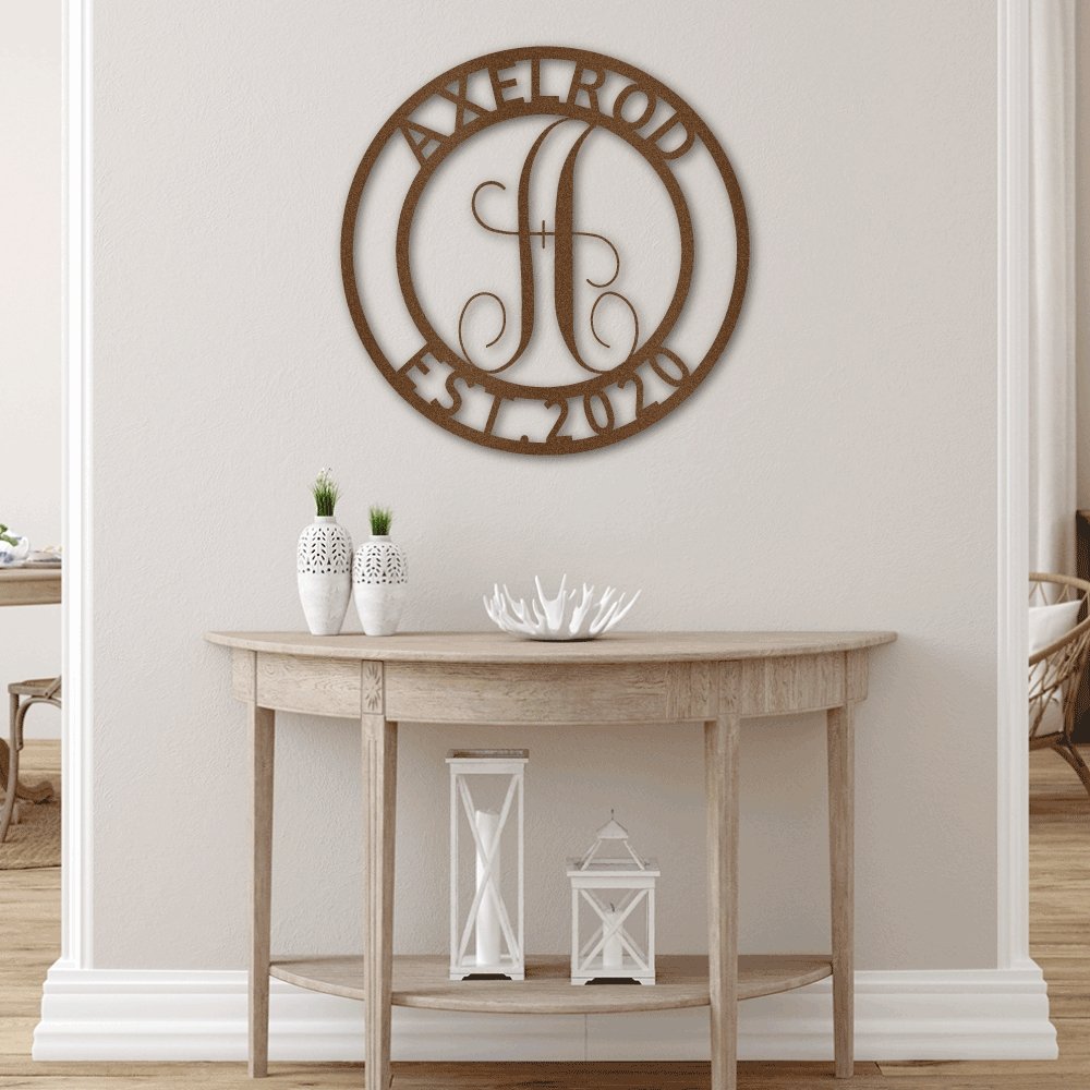 Established Family Name Metal Sign with Monogrammed Initial - Round | Farmhouse World