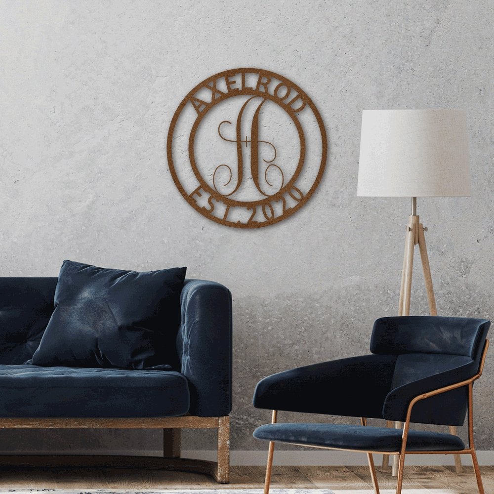 Established Family Name Metal Sign with Monogrammed Initial - Round | Farmhouse World