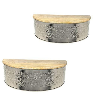 Floral Embossed Metal Floating Wall Shelves with Hidden Compartment and Solid Natural Mango Wood Tops | Farmhouse World