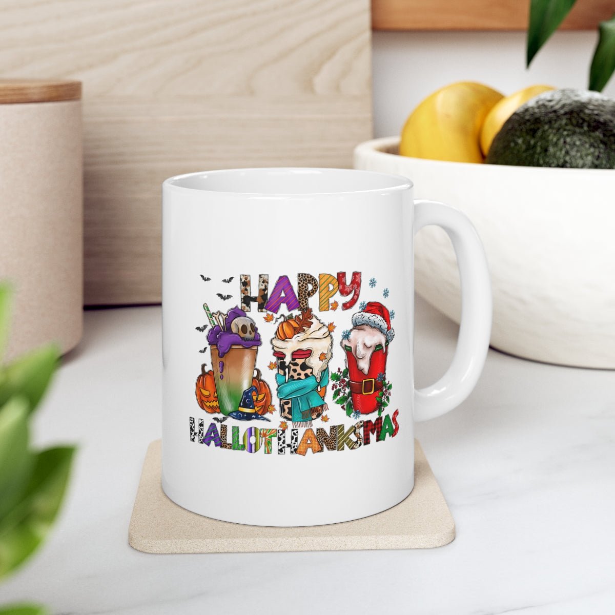 Funny Happy Hallothanksmas Coffee Lover Mug White 11oz | Farmhouse World