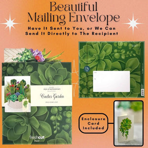 lifelike cactus garden pop up card with colorful paper succulents and modern vase design