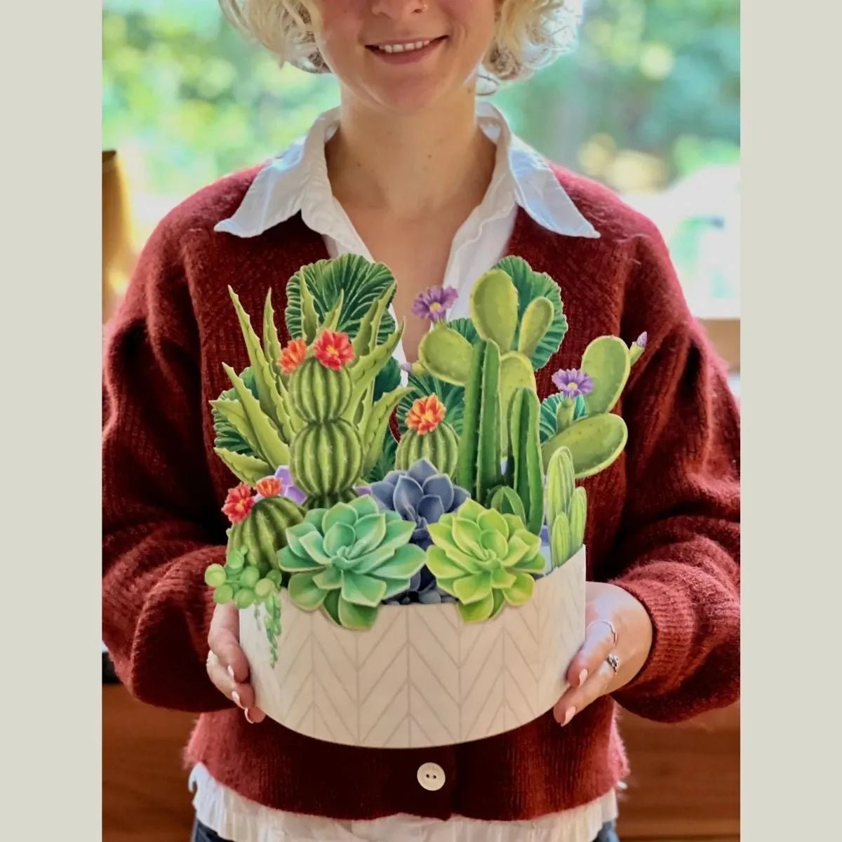 paper cactus bouquet greeting card standing open with detailed 3D desert plants
