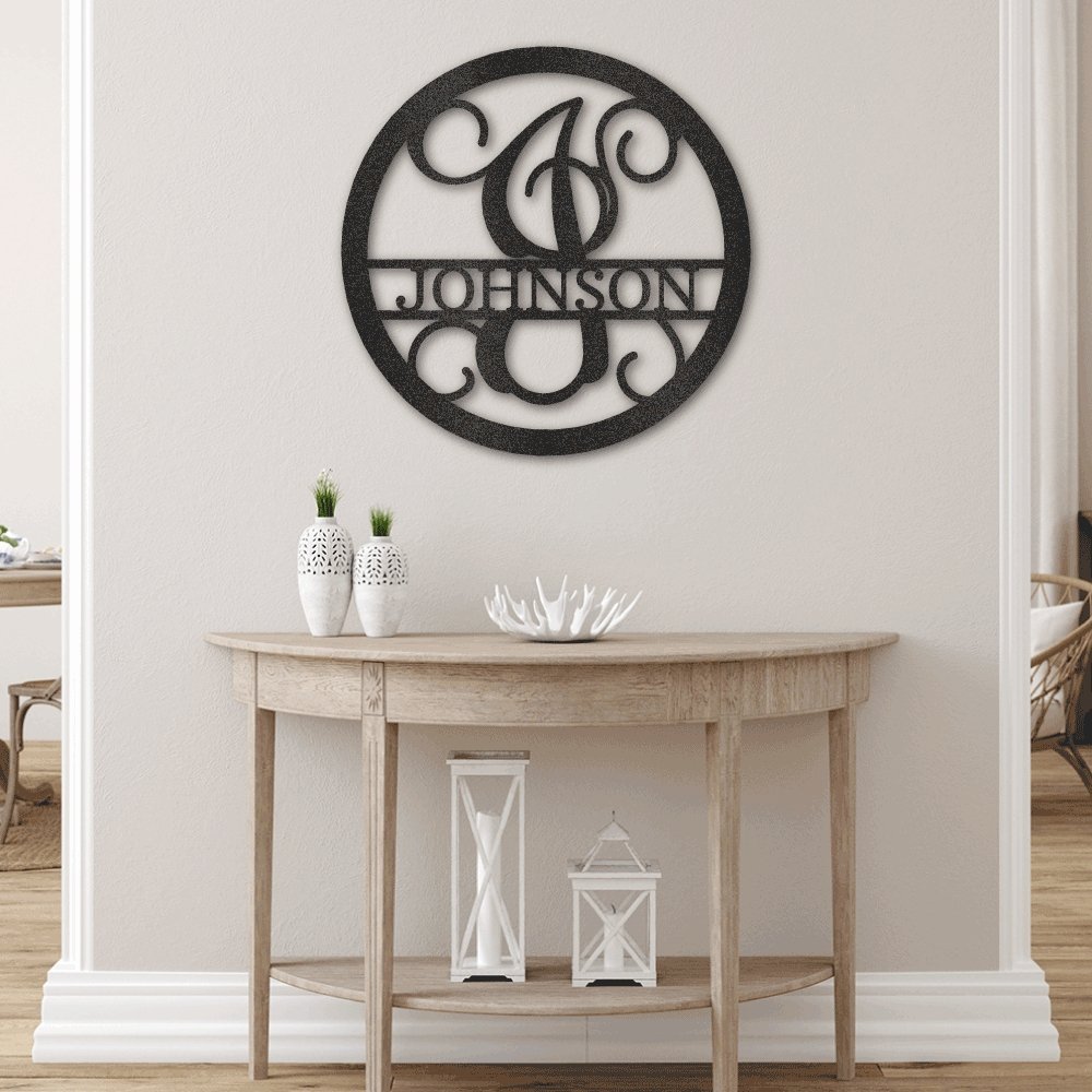 Round Monogram Vine Metal Sign with Initial and Family Name | Farmhouse World