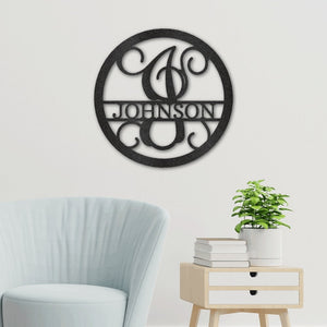 Round Monogram Vine Metal Sign with Initial and Family Name | Farmhouse World