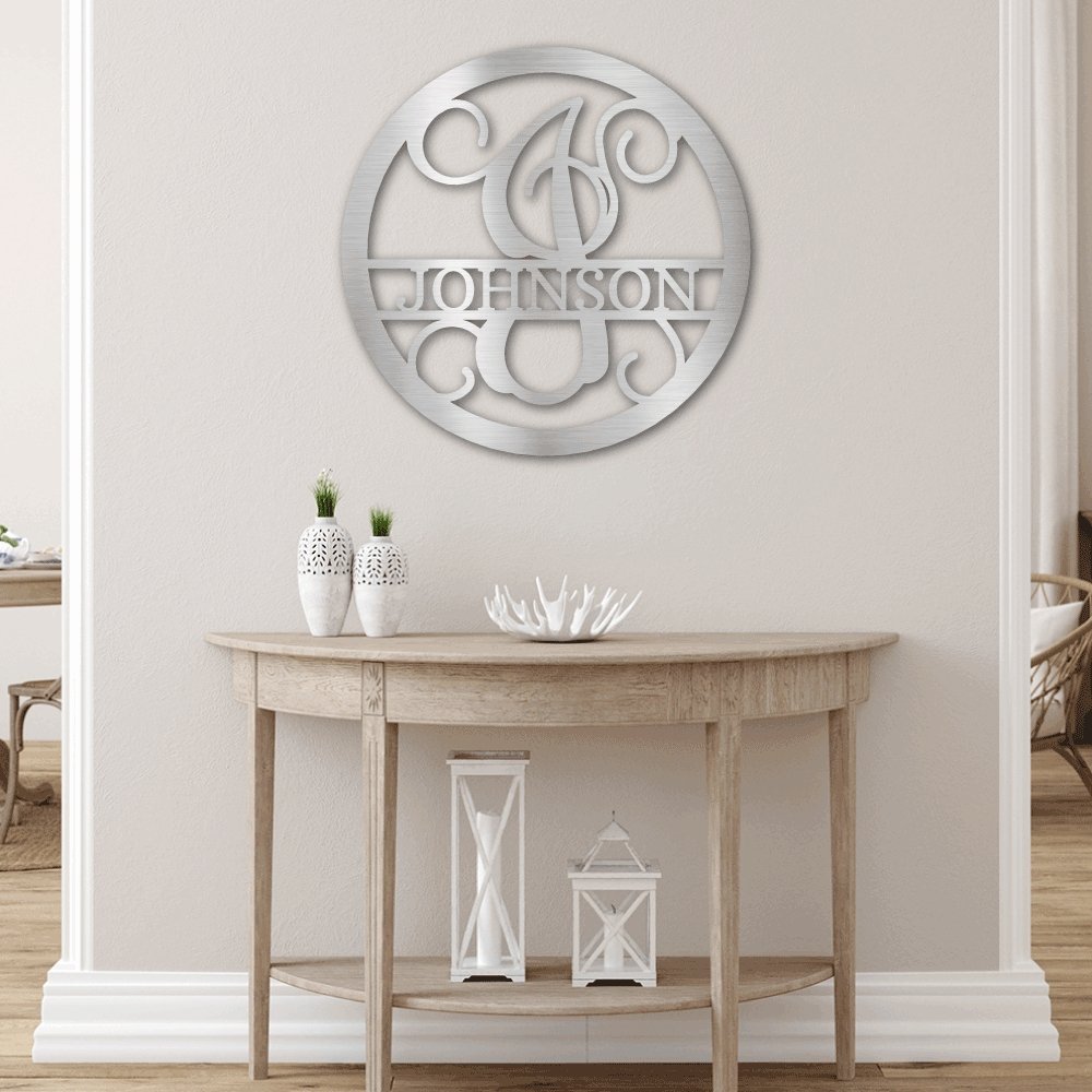 Round Monogram Vine Metal Sign with Initial and Family Name | Farmhouse World