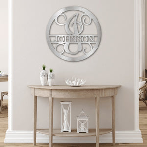 Round Monogram Vine Metal Sign with Initial and Family Name | Farmhouse World