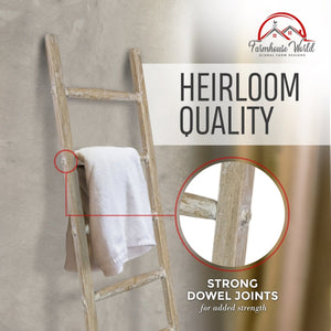 Wooden Rustic Blanket Ladder White-Washed 5ft | Farmhouse World