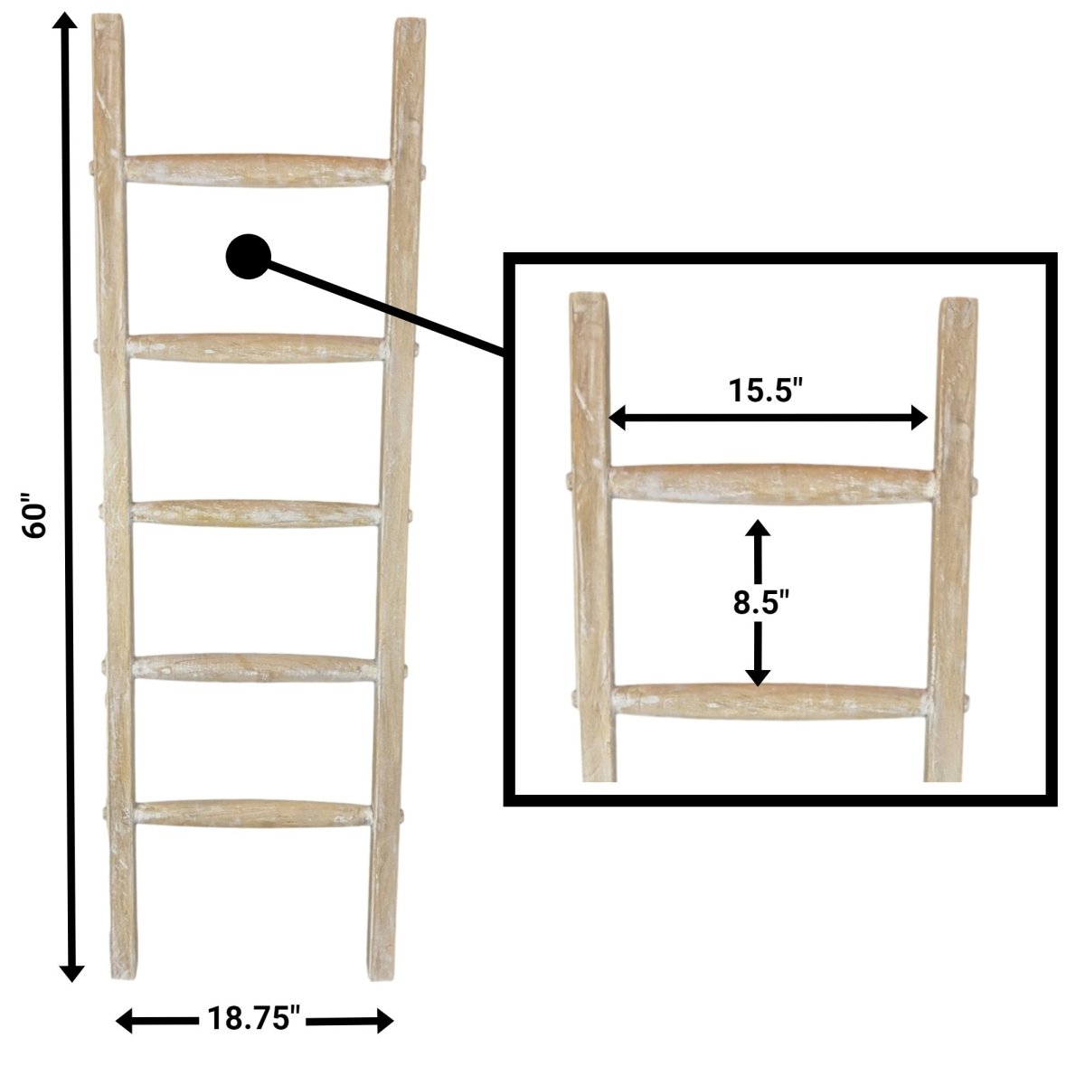Wooden Rustic Blanket Ladder White-Washed 5ft | Farmhouse World
