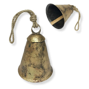 Rustic cow bell decor with aged antique gold finish and jute rope