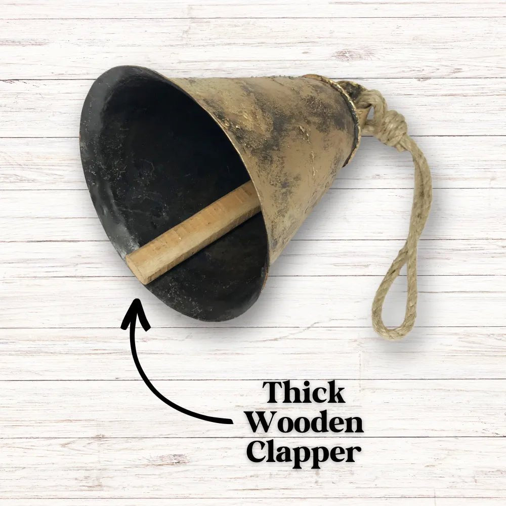 Decorative cow bell with natural jute hanging rope and wooden clapper