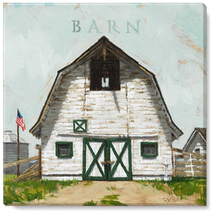 White Barn with Flag Gallery Wrapped Canvas Wall Art - 5" to 48" Sizes | Farmhouse World