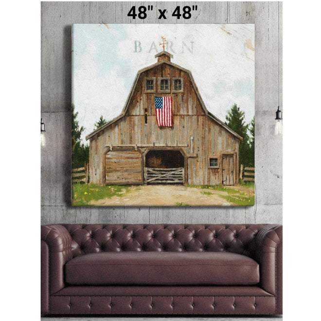 Wood Barn with American Flag Gallery Wrapped Canvas Art - 5" to 48" Sizes | Farmhouse World