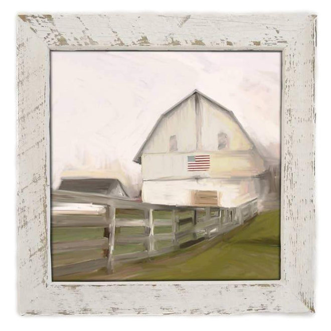 White Barn With Flag Print framed in Reclaimed Barnwood 14" | Farmhouse World