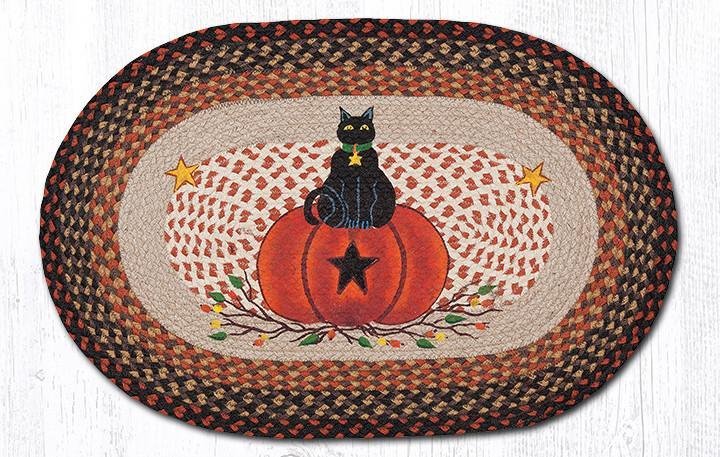 Black Cat Pumpkin oval jute Halloween rug