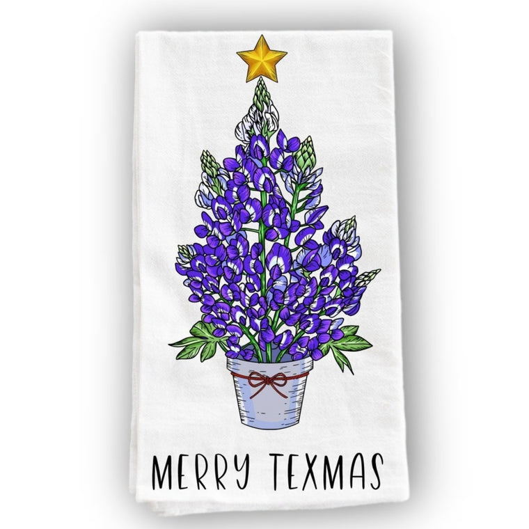 Bluebonnet Christmas Tree Merry Texmas Kitchen Tea Towel | Farmhouse World