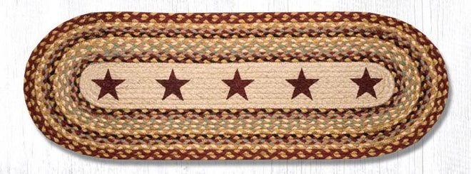 Burgundy Stars Braided Oval Table Runner - 100% Natural Jute and Hand Stenciled | Farmhouse World