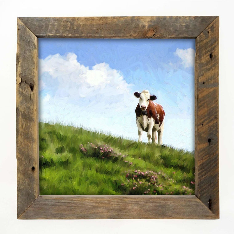 Cow in Pasture Print Framed in Reclaimed Barnwood 14" | Farmhouse World